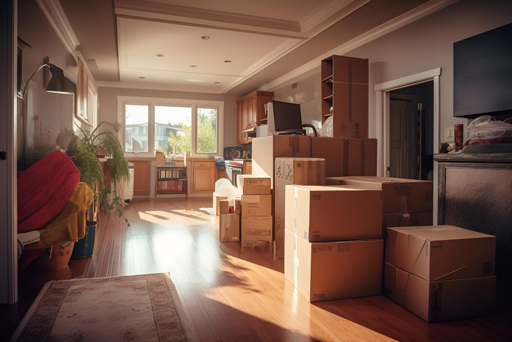 Alt: "Boîtes de déménagement bien organisées dans un nouvel appartement, illustrant tout ce qu'il faut pour un premier emménagement réussi."