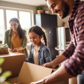 Famille heureuse avec cartons, déménageant pour une nouvelle vie, concept de déménagement et garde alternée