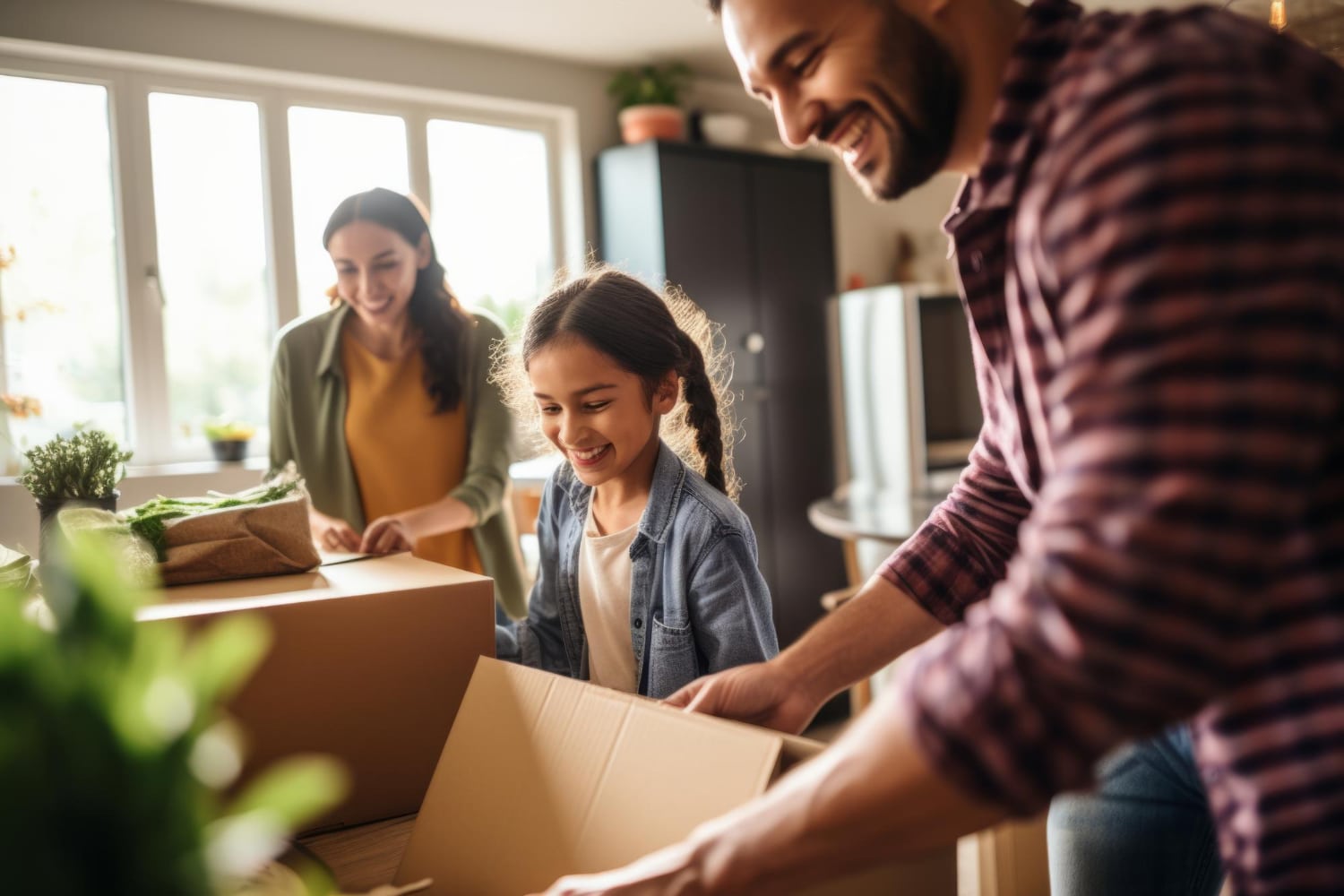 Famille heureuse avec cartons, déménageant pour une nouvelle vie, concept de déménagement et garde alternée