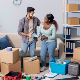  "Couple heureux emballant des cartes dans des boîtes en préparation de déménager pour suivre leur conjoint"