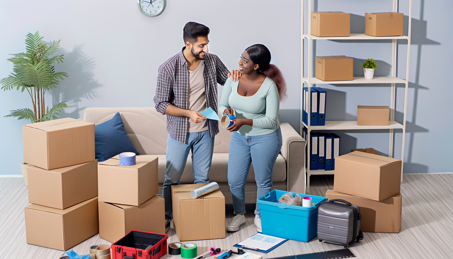 "Couple heureux emballant des cartes dans des boîtes en préparation de déménager pour suivre leur conjoint"