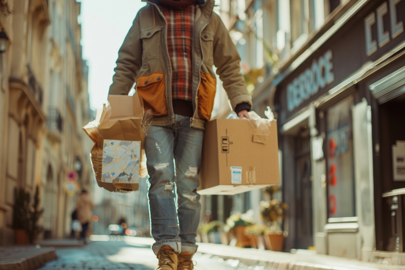 Deux personnes effectuant un déménagement sans camion à Clermont-Ferrand, transportant des cartons de manière écologique et économique