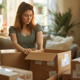Alt d'image: "Aide ménagère professionnelle emballant soigneusement des cartons pour faciliter le déménagement à Clermont-Ferrand.