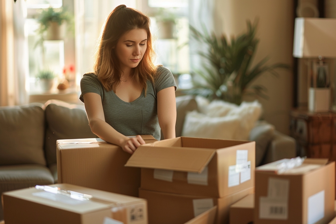 Alt d'image: "Aide ménagère professionnelle emballant soigneusement des cartons pour faciliter le déménagement à Clermont-Ferrand.