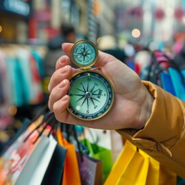 Explorateur décryptant la carte du shopping local à Clermont-Ferrand dans les ruelles commerçantes pittoresques