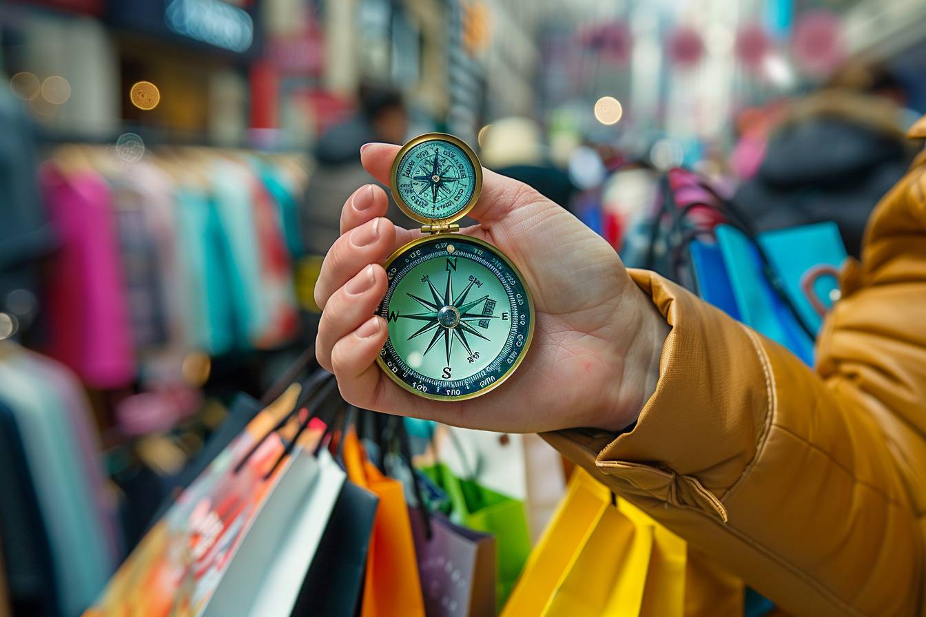 Explorateur décryptant la carte du shopping local à Clermont-Ferrand dans les ruelles commerçantes pittoresques