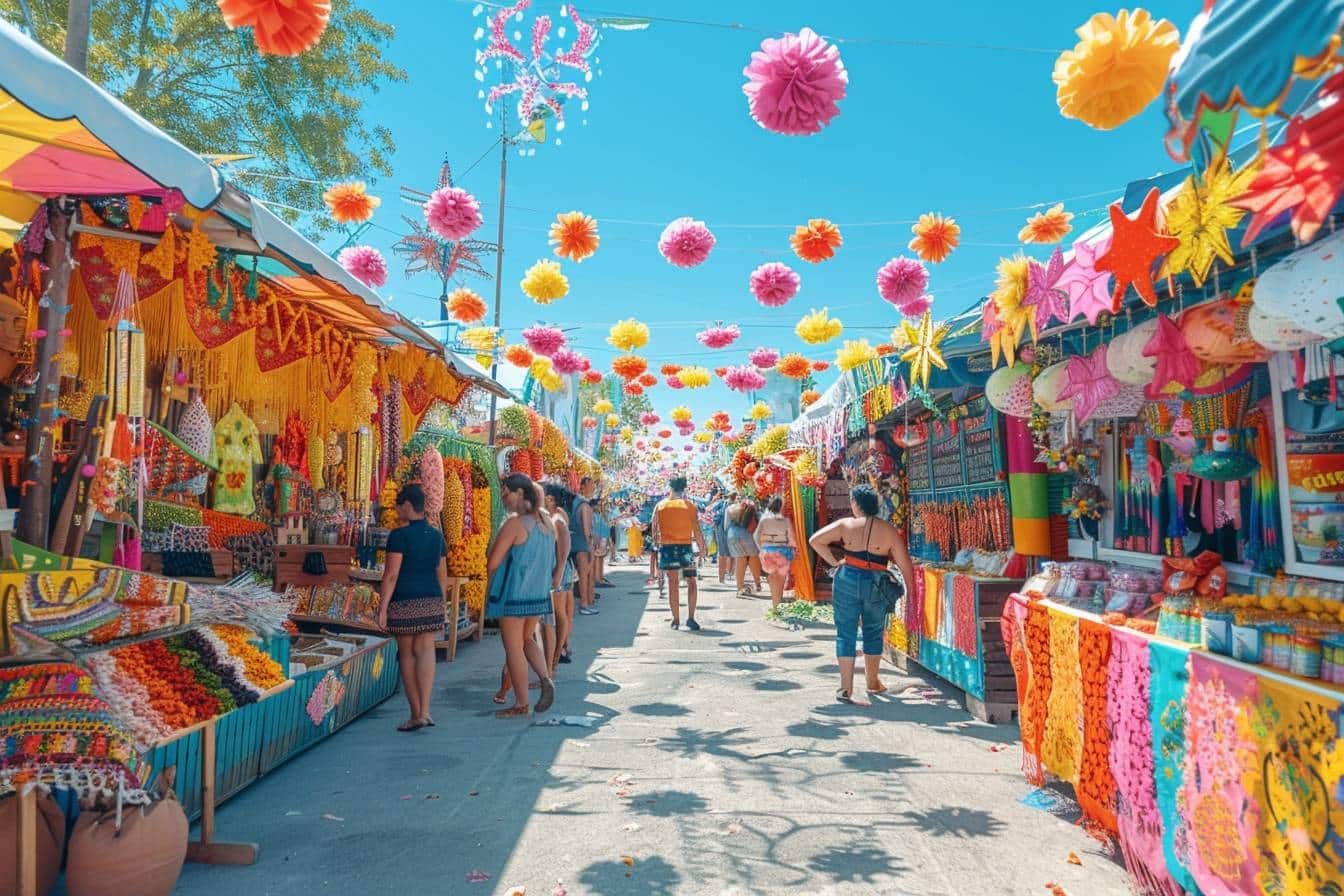 Participants joyeux à un festival coloré de Clermont-Ferrand, célébrant les festivités locales dans une ambiance vibrante