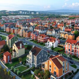 Vue panoramique sur Clermont-Ferrand avec des flèches pointant vers les quartiers populaires pour trouver un logement